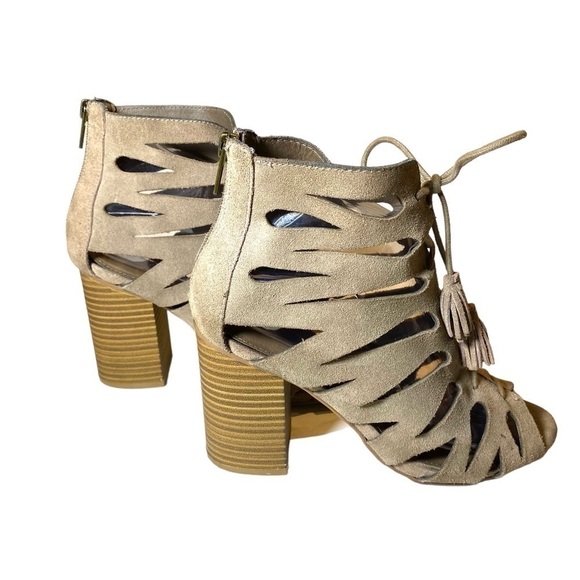 MIA women sz 8M CARA Suede Gladiator sandals booties cut-out peep toe taupe/tan - Picture 6 of 12